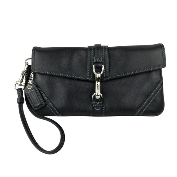 Vintage Coach Leather Signature Black Clutch Wristlet Bag 7.5" x 4" - Picture 1 of 7